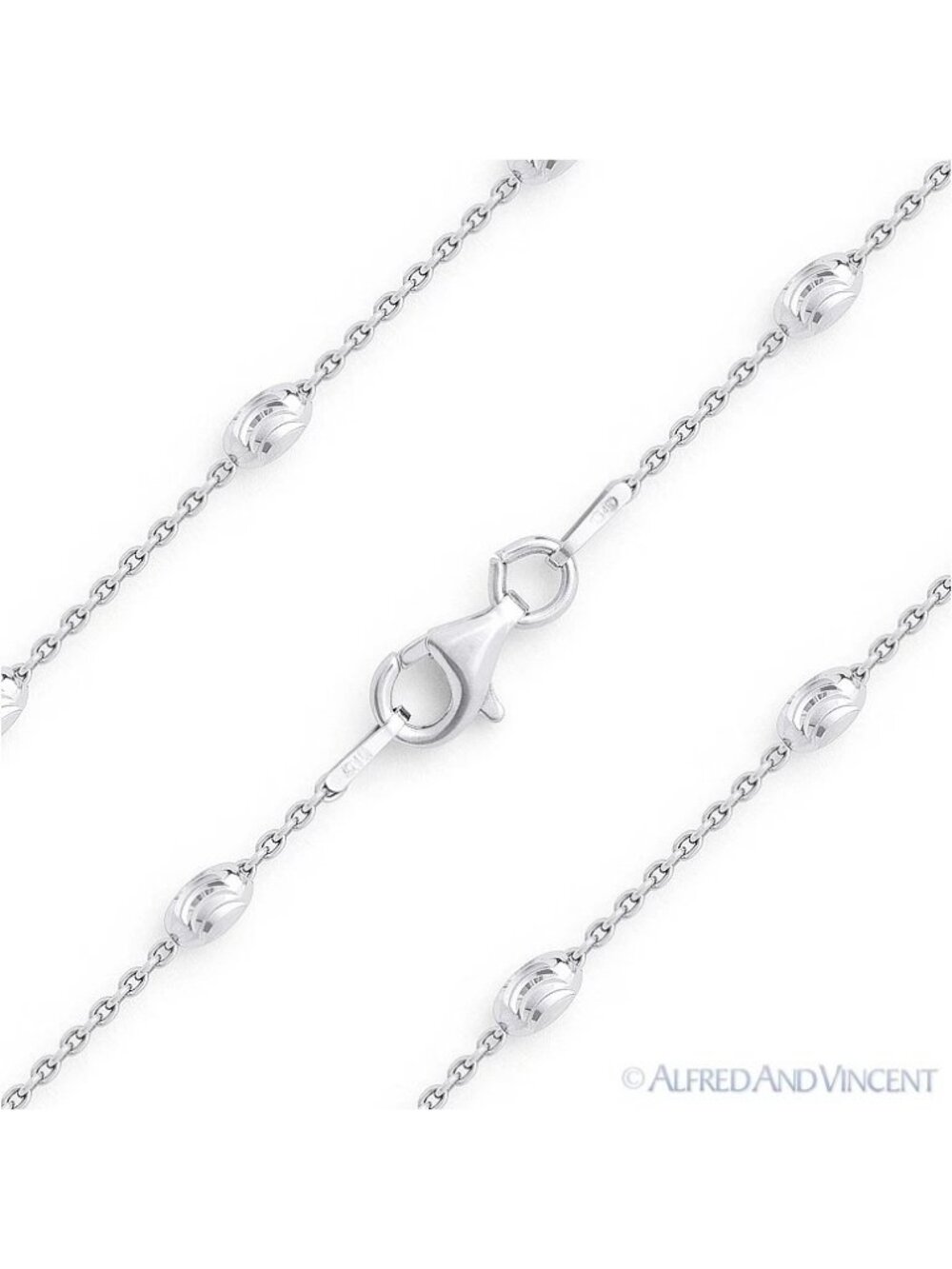 3mm Oval Moon-Cut Bead & 1.1mm Anchor Chain Necklace in .925 Sterling Silver 18"
